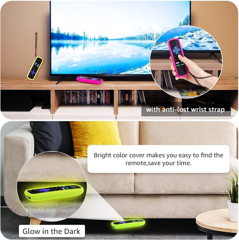 SOTATOO Roku TV Remote Case, 2 Pack, Silicone Protective Controller, Glow in the Dark Yellow and Rose Red, Easy to Find Your Remote Anywhere - Image 4